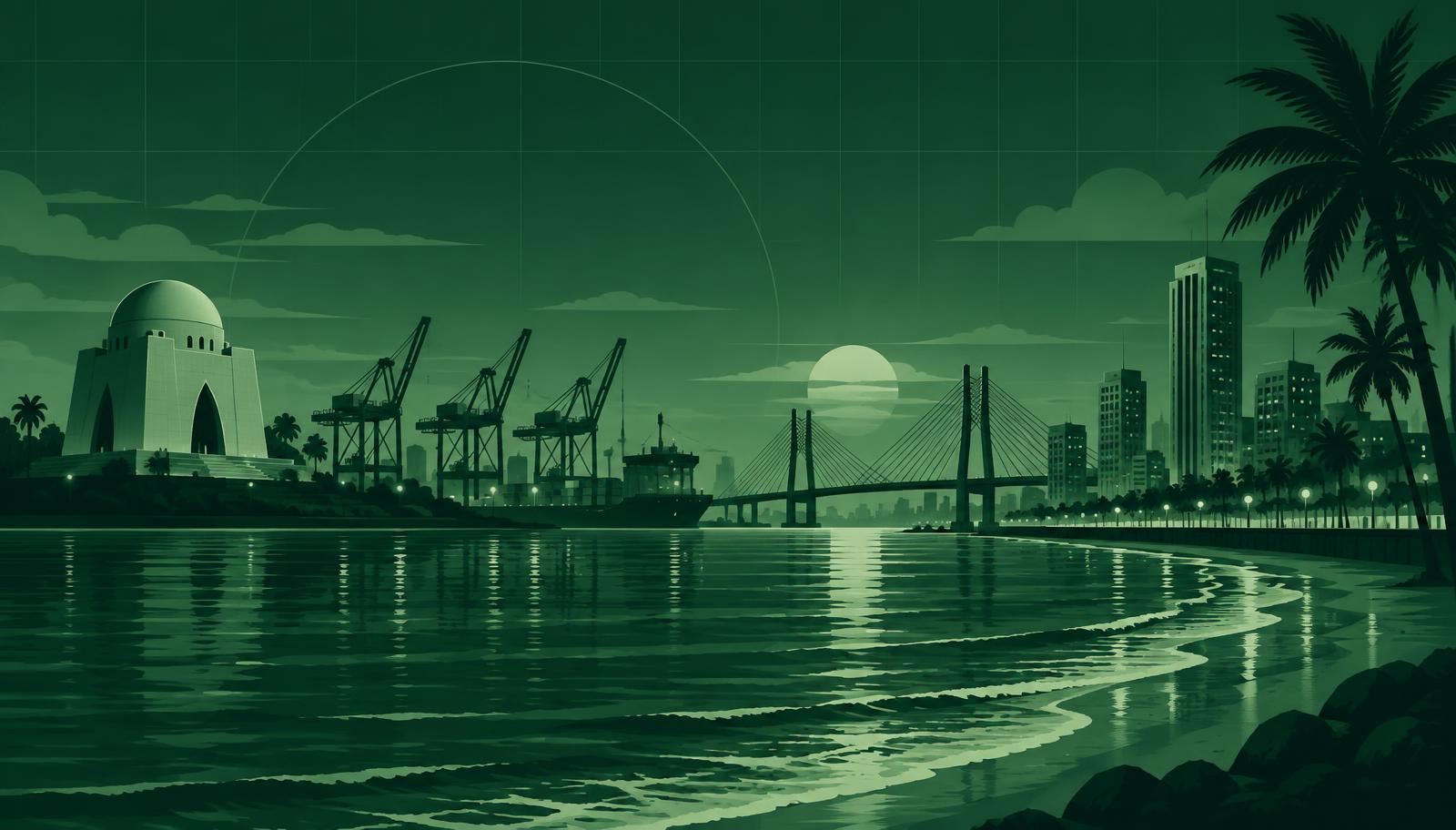 Karachi skyline with Quaid-e-Azam Mausoleum, port cranes and the Clifton seafront